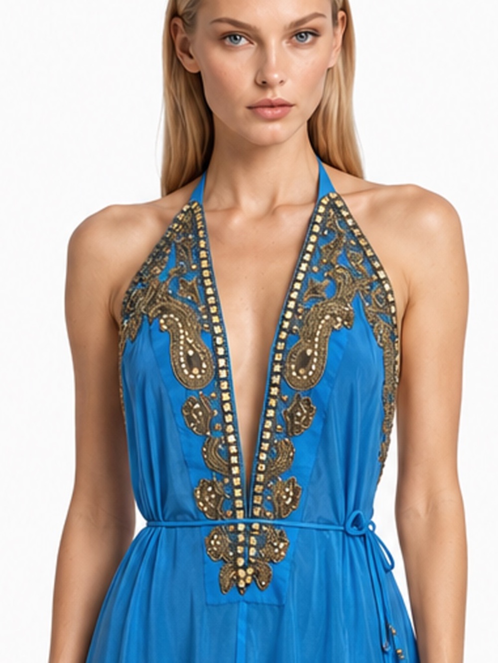 Designer Blue Gold Hand Beaded Halter High Low Maxi Dress Open Back Gown
